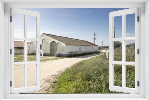 Fototapeta Naklejka Na Ścianę Okno 3D - warehouse and a rural dirt road in the countryside