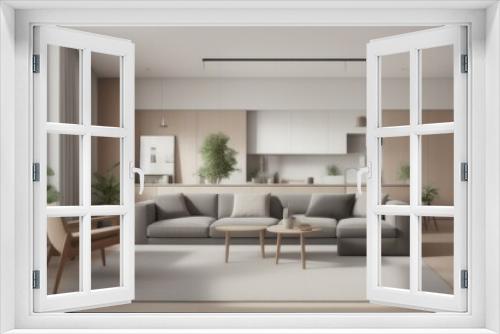  Interior of modern living room with sofa, table and wooden racks near white wall1