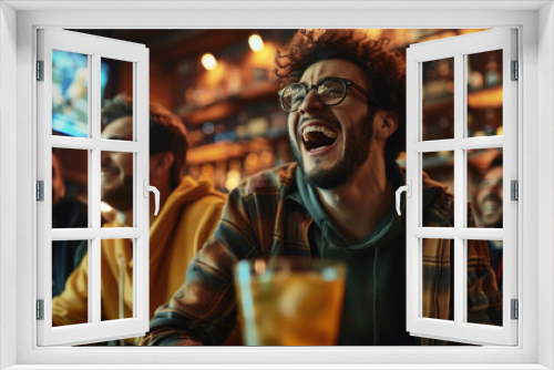 A small group of young men are sitting at the bar watching soccer games