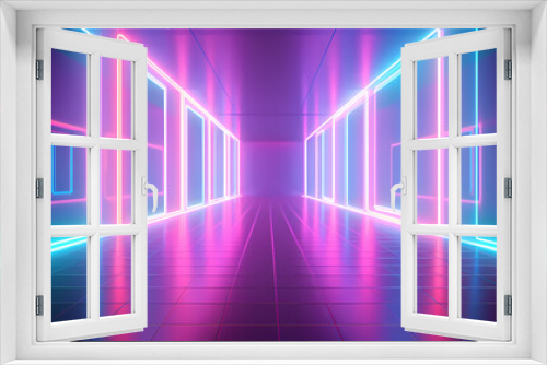 Futuristic sci-fi corridor with glowing and vibrant neon lights