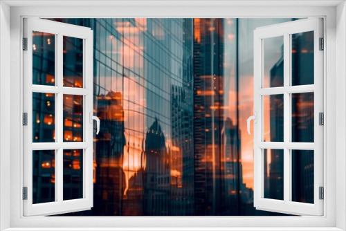 Background of future urban and corporate architecture. Real estate idea with bokeh, motion blur, and a reflection in a glass panel of a skyscraper facade.