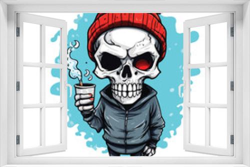 Fototapeta Naklejka Na Ścianę Okno 3D - Cute skull in beanie hat holding cigarette