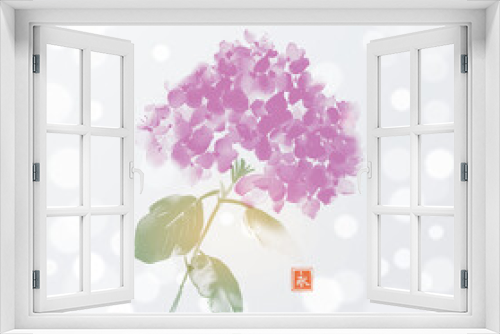 Fototapeta Naklejka Na Ścianę Okno 3D - Ink painting of pink hydrangea flowers on white glowing background. Traditional oriental ink painting sumi-e, u-sin, go-hua. Hieroglyph - eternity