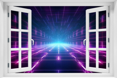 Synthwave wireframe net illustration. Abstract digital background. 80s, 90s retro futurism. Retro wave cyber grid. Neon lights glowing.