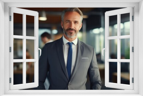 business man ceo wearing suit standing in office looking at camera . Smiling mature businessman professional