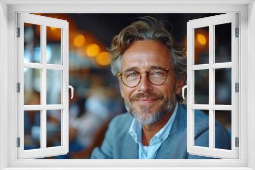 Smiling confident mature businessman leader looking at camera standing in office at team meeting