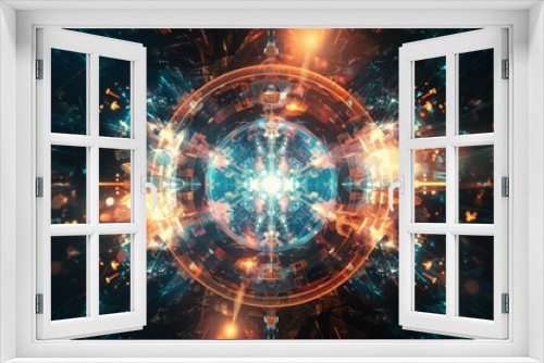 Symmetrical Fractal Energy Illuminating Abstract Techno Space Sci-Fi concept 3D rendering.