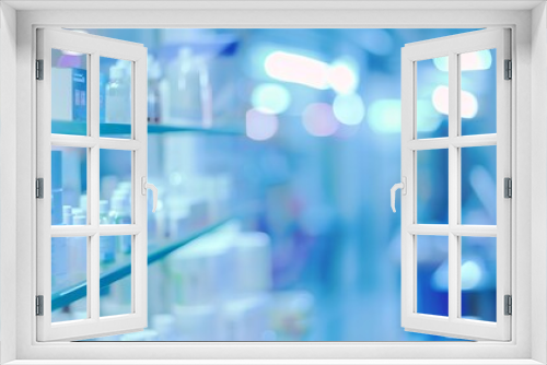 Pharmacy interior blurred background Inside interior chemists shop blue color blurred background with bokeh : Generative AI