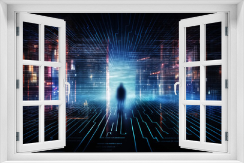 A lone silhouette stands before an immersive data stream in cyberspace, symbolizing the human element amidst digital transformation and information flow.
