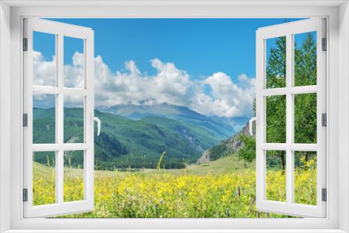 Fototapeta Naklejka Na Ścianę Okno 3D - View of a picturesque mountain valley, green meadows and forests, snow-capped peaks, summer day	