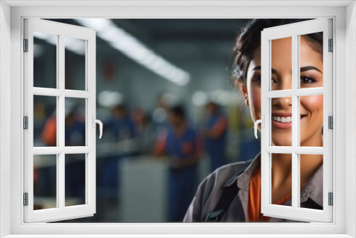 Hispanic mexican female factory worker smiling looking at the camera, copy space banner template backdrop from Generative AI