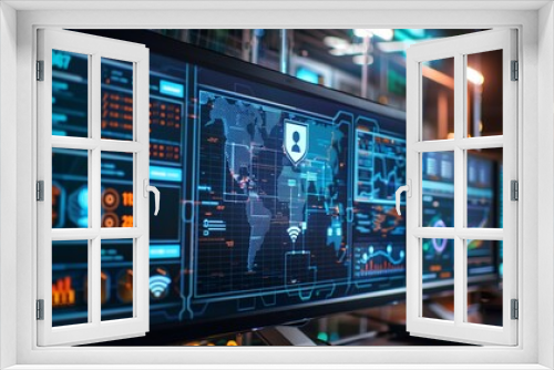 Intrusion Detection Systems (IDS) concept, showcasing abstract data dashboards with graphs, live network traffic analysis, and security alerts on multiple computer screens.