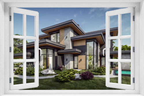Fototapeta Naklejka Na Ścianę Okno 3D - 3d rendering of modern two story house with gray and wood accents, large windows, parking space in the right side of the building, surrounded by trees and bushes, green grass on lawn, daylight