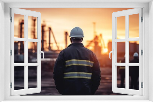 Silhouette of engineering team working at construction site with sunset background