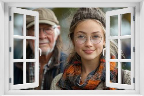 A young girl with glasses wearing a knitted hat and a warm scarf, smiling at the camera outdoors