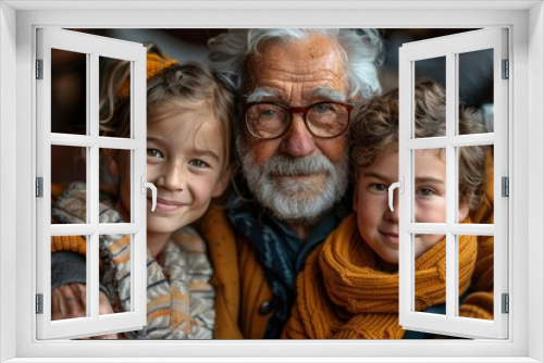 Elderly man with white hair and beard smiling with a young girl and boy in warm clothes