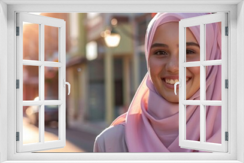 Young smiling muslim woman wearing pink hijab head scarf. Face of cheerful woman covered with headscarf smiling outdoor. Praying islamic woman smiling. Portrait of arab beauty.