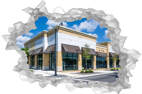 New commercial property with available space for purchase or rental in a diverse storefront and office building with a canopy.