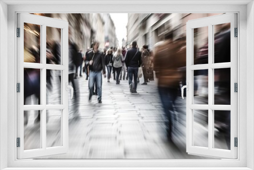 Abstract blurred background of business busy people walking on sidewalk at business center in the city.