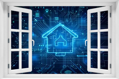 Smart home technology uses a virtual interface to manage various systems and devices within a household. Concept Smart Home Technology, Virtual Interface, Household Devices, Automation Systems