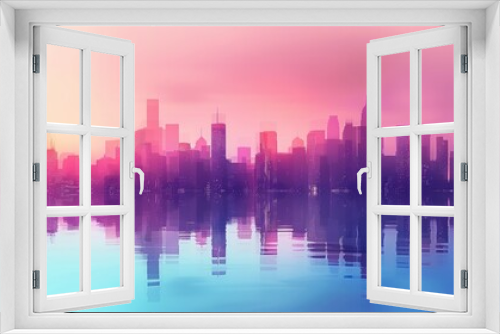 Colorful city skyline with water reflection - A vibrant, colorful representation of a city skyline with skyscrapers and its reflection on the water at dusk
