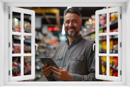 A retail store manager in a store uniform, holding a tablet, standing inside a retail store, photorealistik, solid color background