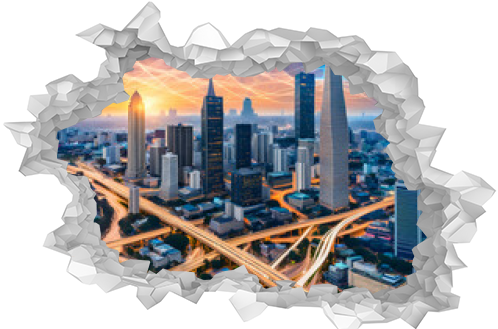 Digital network connection lines of Sathorn, Downtown Bangkok City, Thailand. Financial district and business centers in futuristic technology background in smart city concept.