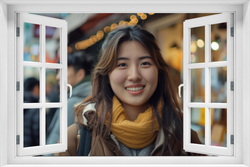 Warmly Dressed Young Woman on Busy City Street