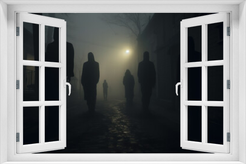 Silhouettes of People Walking in Misty Street at Night