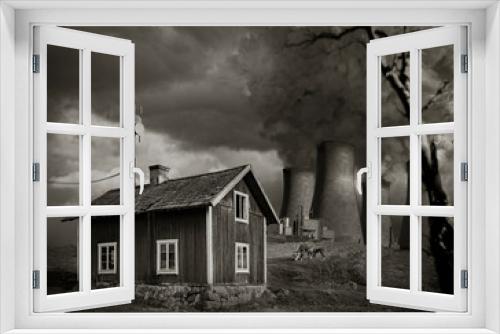 Fototapeta Naklejka Na Ścianę Okno 3D - Wooden house and white smoke of emission from coal power plant