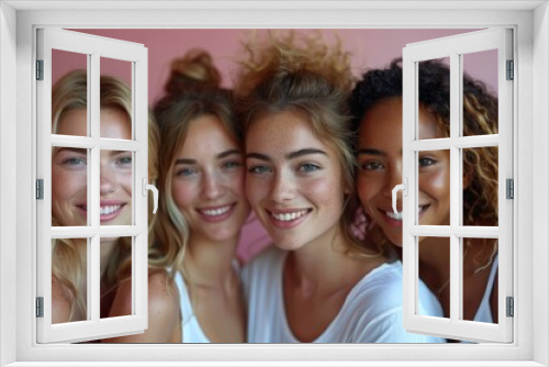 Concept of friendship, diversity, body positivity, and people - a group of women of all ages, sizes, and ethnicities wearing white t-shirts hugging on pink background