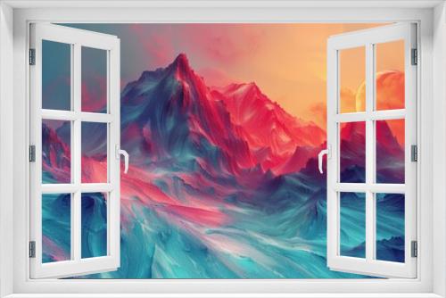 Colorful digital artwork of a mountain range bathed in neon colors, a fusion of natural forms with a futuristic, digital aesthetic.3d rendering