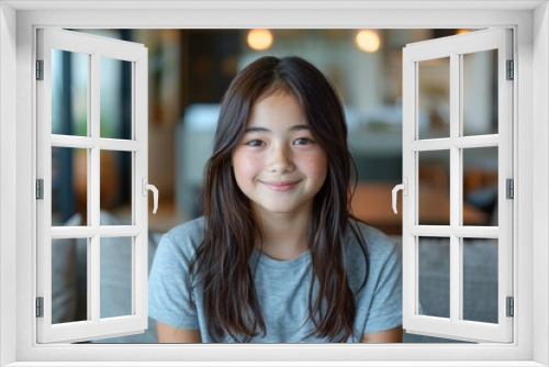 A young girl with long hair is smiling at the camera