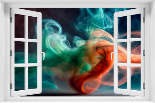 Dynamic dance of colorful smoke, intertwining in a graceful ballet. Vibrant mix of blue, green, red, and orange hues.