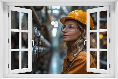 Industrial Worker Overseeing Machinery. A female worker in protective gear monitors factory equipment.