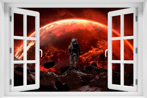 Fototapeta Naklejka Na Ścianę Okno 3D - Astronaut surveys a rocky extraterrestrial landscape under the glow of a massive red planet. 3d render