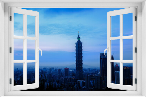 Fototapeta Naklejka Na Ścianę Okno 3D - Aerial view of skyline of Taipei city with Taipei 101 Skyscraper at sunset from Xiangshan Elephant Mountain. Beautiful landscape and cityscape of Taipei downtown buildings and architecture in the city