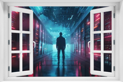 AI image of hacker standing among illuminated servers 