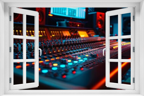 Modernized Music Recording and Production Studio Featuring Professional Gear, Mixing Console in Recording Studio.
