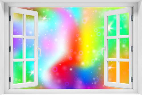 Hologram background with rainbow mesh. Liquid universe banner in princess colors. Fantasy gradient backdrop. Hologram unicorn background with fairy sparkles, stars and blurs.