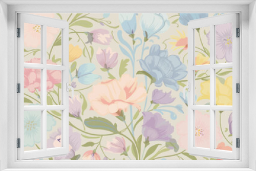 Fototapeta Naklejka Na Ścianę Okno 3D - 
A charming and delicate pastel-colored flower design pattern features a variety of blossoms in soft hues of pink, blue, purple, and yellow. The flowers are intricately intertwined with a touch of gre