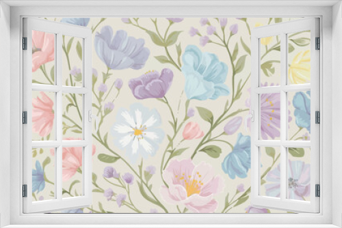 Fototapeta Naklejka Na Ścianę Okno 3D - 
A charming and delicate pastel-colored flower design pattern features a variety of blossoms in soft hues of pink, blue, purple, and yellow. The flowers are intricately intertwined with a touch of gre
