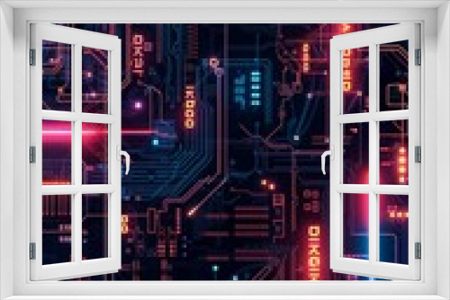 Computer Circuit Board Illuminated by Neon Lights