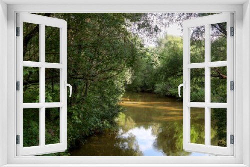 Fototapeta Naklejka Na Ścianę Okno 3D - Picturesque summer landscape with river and reflection. Dense thickets. In distance white heron. Silence, quiet, tranquility. Beauty in wilderness.