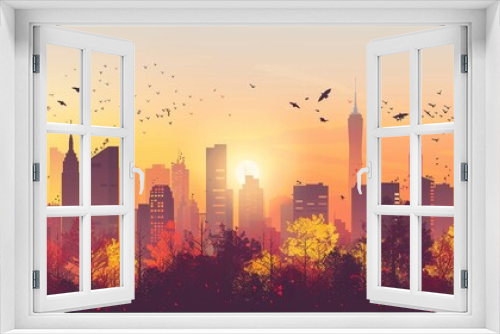 panoramic view of a city skyline at sunset with silhouetted buildings against an autumn-colored sky