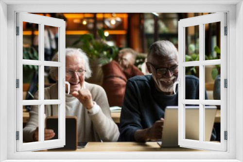 Elderly couple enjoying technology together, sharing a light-hearted moment in a cozy cafe.