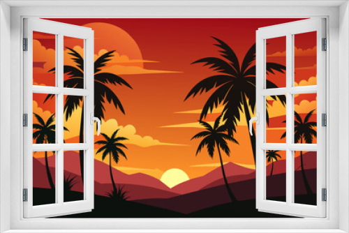Fototapeta Naklejka Na Ścianę Okno 3D - silhouette of palm tree with sunset vector illustration