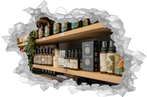 A shelf of products with a green plant on the left. The shelf is full of various items, including a box of Cisalip