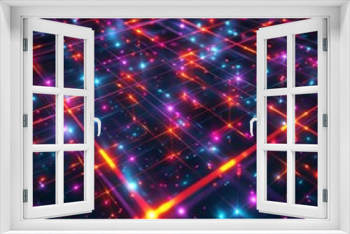Glowing neon grid, cyberpunk vibes, topdown view, vivid colors for retrofuturistic wallpaper , 3D render