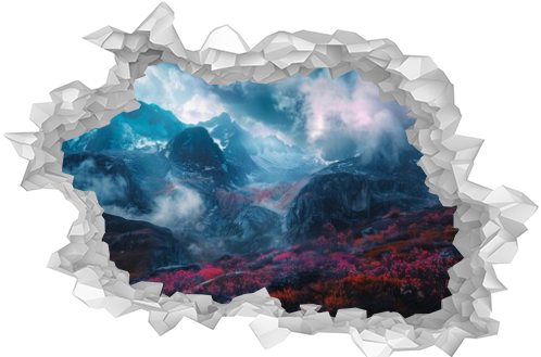 Vivid mountain range with crimson flora under stormy skies - An awe-inspiring mountainous landscape with striking red plants under a tempestuous cloud-filled sky
